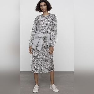 New Zara Ruffle Long Sleeve Leopard Midi Dress Size S